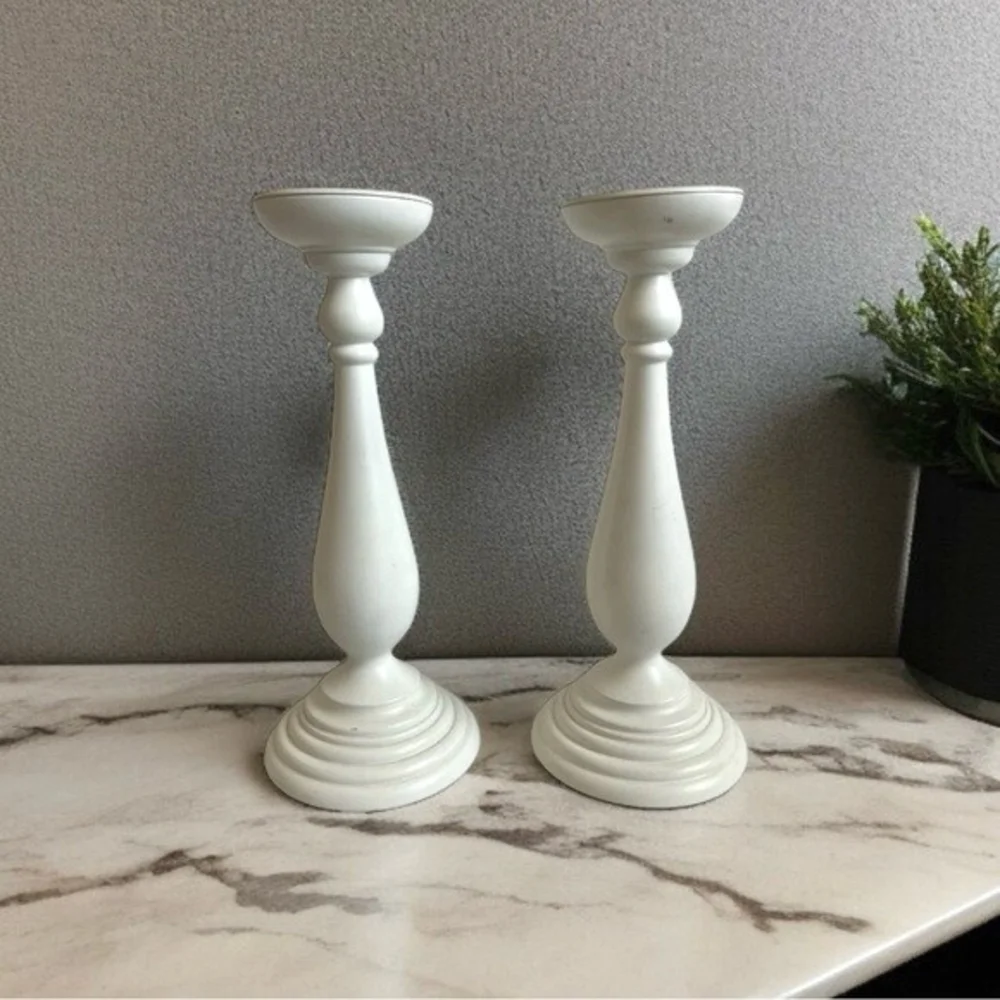 Set of 2 Tall White Wooden Candle Holders Modern Home Decor 14 Inch